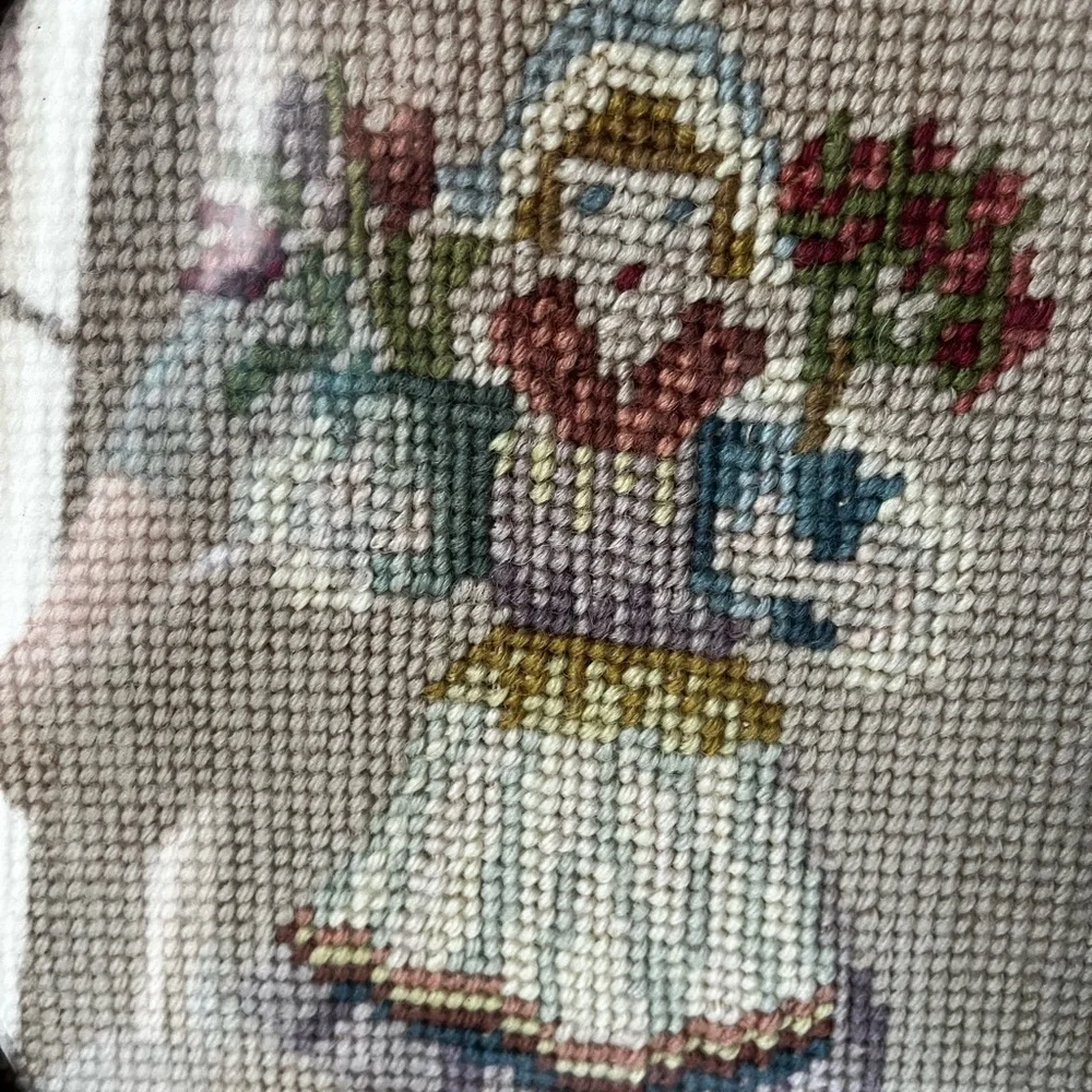 Vintage needle point Wall Art Set of 2 Victorian ladies with flowers